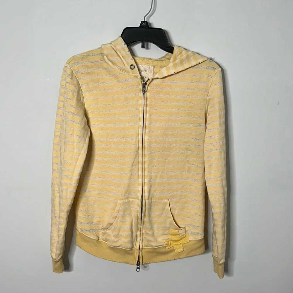 Free People Yellow Striped Distressed Hooded Jacket